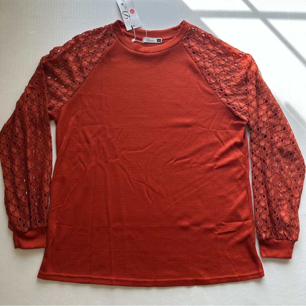 NWT Women’s Puff Long Sleeve Too, Orange Lace Sleeve Top, Size XL